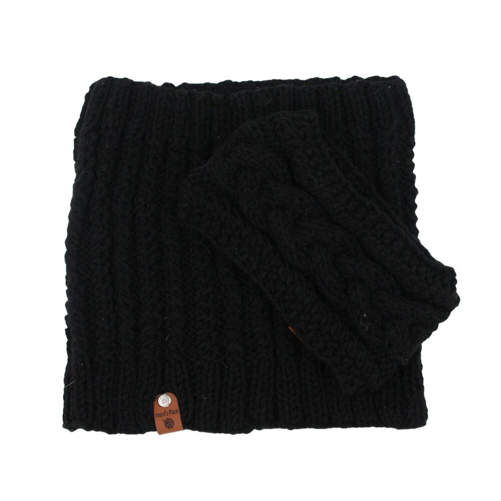 Handmade Hand Knit Black Acrylic Wool Blend Cabled Cowl and Ear Warner Set